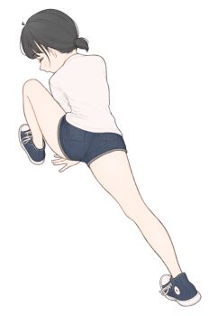 1girl 1ssakawaguchi absurdres ahoge blue_shoes blue_shorts brown_hair converse denim denim_shorts full_body highres ichika_(1ssakawaguchi) kneepits legs original ponytail shirt shoes short_hair short_ponytail short_shorts short_sleeves shorts simple_background sneakers solo stretching t-shirt thighs white_background white_shirt
