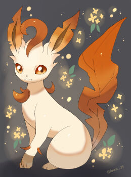 alternate_color animal_focus artist_name brown_fur closed_mouth commentary_request flower gen_4_pokemon glowing glowing_flower gold_osmanthus grey_background highres iwasi_29 leaf leafeon nintendo no_humans orange_eyes orange_flower osmanthus pokemon pokemon_(creature) shiny_pokemon sitting tail twitter_username