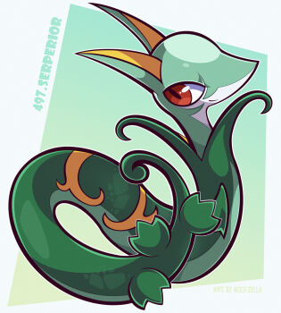border bright_pupils character_name commentary english_commentary full_body gen_5_pokemon highres nintendo no_humans pokedex_number pokemon pokemon_(creature) red_eyes serperior smile solo white_border white_pupils woofzilla