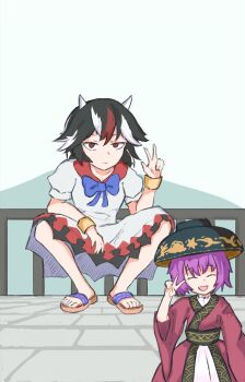 2girls arrow_print black_hair blue_bow blue_bowtie bow bowl bowl_hat bowtie bracelet commentary dress english_commentary hat highres horns iliekcatfood japanese_clothes jewelry kijin_seija kimono long_sleeves multicolored_hair multiple_girls outdoors red_eyes red_hair red_kimono selfie short_sleeves squatting streaked_hair sukuna_shinmyoumaru touhou v w white_dress white_hair wide_sleeves