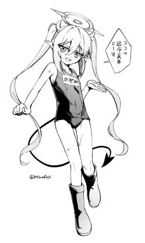 Rule 34 | 1girl, absurdres, bare arms, blue archive, boots, commentary, covered navel, demon tail, flat chest, full body, greyscale, halo, highres, horns, light blush, long hair, looking at viewer, minowa sukyaru, monochrome, nozomi (blue archive), open mouth, pointy ears, school swimsuit, sidelocks, solo, speech bubble, swimsuit, tail, translation request, twintails, twitter username, untranslatable commentary, very long hair, wet