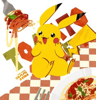 blanket blush_stickers cheese commentary_request commission food fork gen_1_pokemon hands_up happy leaf next_pluto nintendo no_humans open_mouth pasta pikachu pokemon pokemon_(creature) pokemon_focus simple_background sitting spaghetti tomato_sauce twitter_username