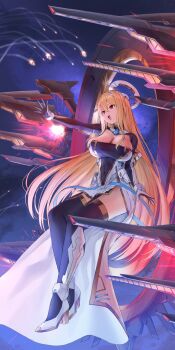 1girl aiming beam_cannon black_thighhighs blonde_hair boots breasts cape cleavage commentary_request commission covered_navel dress energy_cannon firing from_side gloves hair_between_eyes halo head_tilt headgear high_heel_boots high_heels highres kamo_ashi large_breasts legs light_particles long_hair long_sleeves looking_ahead midair missile night open_mouth original outdoors outstretched_arm red_eyes sitting skeb_commission solo teeth thighhighs thighs two-sided_gloves two-tone_dress upper_teeth_only very_long_hair weapon white_dress white_gloves