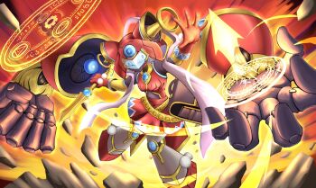 Rule 34 | 1girl, assault visor, blue visor, commentary request, dowa d 715, duel masters, energy sword, extra arms, gloves, hagoromo, highres, holding, holding sword, holding weapon, magic circle, miroku (duel masters), red gloves, robot girl, shawl, slashing, solo, sword, weapon