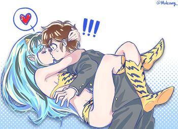 ! !! 1boy 1girl animal_print artist_name bikini black_jacket black_pants blue_hair bong_b0 boots brown_hair cone_horns couple hashtag-only_commentary heart hetero horns hug jacket kiss knee_boots leg_lock long_hair lum moroboshi_ataru pants pointy_ears print_bikini print_boots school_uniform short_hair spoken_heart sweatdrop swimsuit tiger_print urusei_yatsura