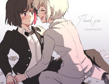 2girls aoba_moca bang_dream! between_legs black_bow black_bowtie black_hair black_jacket black_pants black_suit bow bowtie brochan closed_eyes closed_mouth collared_shirt colored_inner_hair commentary english_commentary english_text formal_clothes gradient_background grey_background hand_on_another&#039;s_shoulder jacket mitake_ran multicolored_hair multiple_girls open_mouth pants red_eyes red_streaks shirt short_hair sitting smile suit white_background white_hair white_jacket white_pants white_shirt white_suit wife_and_wife yuri