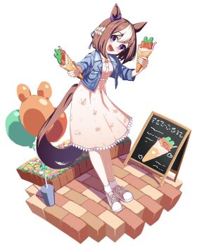 1girl animal_ears balloon blue_jacket blush bow braid brown_hair carrot casual chalkboard crepe dress ear_bow food half_up_braid highres holding holding_crepe holding_food horse_ears horse_girl horse_tail jacket multicolored_hair open_mouth pink_dress purple_bow purple_eyes short_hair smile special_week_(casual)_(umamusume) special_week_(umamusume) tail tpicm two-tone_hair umamusume white_hair