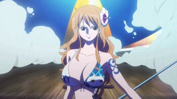 1girl alternate_costume animated animated_gif anime_screenshot bikini bracelet breasts clima-tact collarbone flower fog hair_flower hair_ornament huge_breasts jewelry long_hair looking_at_viewer nami_(one_piece) official_alternate_costume one_piece one_piece_film:_gold open_mouth orange_hair smile solo staff swimsuit talking
