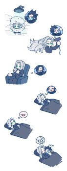 105zz 2boys armor bar_censor black_gloves black_hair black_pants black_shirt blue_eyes censored chair chibi chibi_only collared_shirt cross_scar cup drying drying_hair facial_scar final_fantasy final_fantasy_vii furrowed_brow gloves green_eyes grey_hair hair_dryer hair_slicked_back holding holding_cup hug image_in_thought_bubble long_hair male_focus multiple_boys multiple_views open_mouth pants parted_bangs pauldrons pillow pointing scar scar_on_cheek scar_on_face sephiroth shirt shoulder_armor shower_head showering sideburns sleeping slit_pupils smile under_covers washing_hair white_background yaoi zack_fair