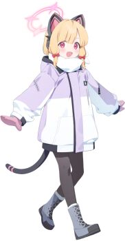 1girl :3 a-pose animal_ear_headphones black_pantyhose blonde_hair blue_archive blush boots bow cat_ear_headphones cat_ears cat_tail coat fake_tail female_focus full_body fur_boots game_asset gloves grey_boots hair_bow halo happy headphones heel_up hiyo_kiki hood hood_down hooded_coat lace-up_boots large_variant_set long_sleeves looking_at_viewer mittens momoi_(blue_archive) momoi_(winter)_(blue_archive) official_art open_mouth pantyhose pink_gloves pink_halo pocket purple_coat red_bow red_eyes scarf short_hair sidelocks simple_background smile solo standing tachi-e tail third-party_source toes_up transparent_background v-shaped_eyebrows variant_set walking white_scarf wide-eyed winter_clothes winter_coat zipper zipper_pull_tab