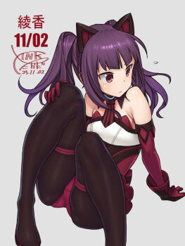1girl alice_gear_aegis animal_ears arm_support ass bare_shoulders black_pantyhose blush cat_ears closed_mouth dated detached_collar elbow_gloves expressionless fake_animal_ears flat_chest gloves hand_on_own_knee ichijou_ayaka knees_up leotard long_hair looking_to_the_side necktie pantyhose purple_eyes purple_gloves purple_hair red_eyes red_gloves simple_background sitting solo strapless strapless_leotard takada_kazuhiro twintails white_background