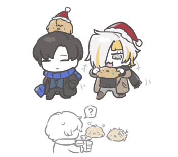 1girl 2boys animalization baby_animal bird black_coat black_pants black_scarf black_sweater blue_scarf blue_vest brown_sweater chibi chick coat confused demian_(project_moon) grey_eyes hands_in_pockets highres kromer_(project_moon) limbus_company multiple_boys ohzv pants project_moon scarf simple_background sinclair_(project_moon) sweat sweater vest walking white_background