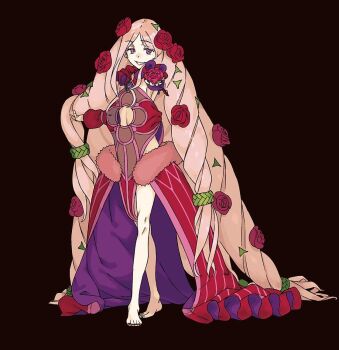 1girl absurdly_long_hair aged_down anna_sprengel bare_legs barefoot big_hair black_background black_leotard breasts cleavage closed_mouth clothing_cutout crossed_legs dress dress_flower flower frills full_body haimura_kiyotaka hair_flower hair_ornament leotard long_hair looking_at_viewer multicolored_leotard nail_polish navel navel_cutout novel_illustration official_art oversized_clothes pink_eyes pink_hair purple_dress purple_eyes red_flower red_leotard red_nails red_rose rose rosenkreutz simple_background smile solo standing toaru_majutsu_no_index toaru_majutsu_no_index:_new_testament toenail_polish toenails very_long_hair waist_cape