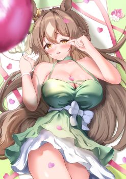 1girl absurdres alternate_costume animal_ears balloon blurry blush bow braid breasts brown_hair cleavage commentary_request crying crying_with_eyes_open depth_of_field dress green_dress hair_between_eyes half_up_braid highres holding holding_balloon horse_ears horse_girl horse_tail large_breasts looking_at_viewer lying multicolored_hair on_back open_mouth p1_fcoyaa satono_diamond_(umamusume) smile solo streaked_hair tail tearing_up tears thighs umamusume waist_bow white_bow white_streaks