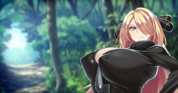 1girl absurdres black_eyes blonde_hair blurry blurry_background blush breasts cleavage closed_mouth covered_erect_nipples cynthia_(pokemon) day female_focus forest fur_collar hair_over_one_eye highres huge_breasts kawahagitei light_blush long_hair looking_at_viewer nature nintendo outdoors pokemon pokemon_dppt serious solo standing sunlight tree upper_body