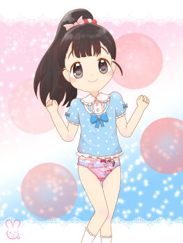1girl animal black_hair blue_background blue_bow blue_shirt blush bow bow_panties bow_print brown_eyes bubble_background character_print clothes_writing flat_chest fukuyama_mai hair_bow heart heart_print idolmaster idolmaster_cinderella_girls jojifuku lace loli long_hair looking_at_viewer panties pink_background pink_bow pink_panties polka_dot polka_dot_shirt ponytail print_panties puffy_sleeves rabbit red_bow scrunchie shirt short_sleeves smile socks sparkle standing star_(symbol) star_print two-tone_background underwear urameido white_socks