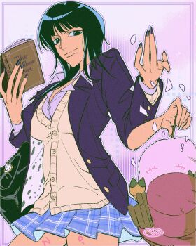 1boy 1girl black_hair blue_eyes book commentary_request dark-skinned_female dark_skin devil_fruit extra_arms hana_hana_no_mi highres holding holding_book korean_commentary nico_robin one_piece p_tlnfinder reindeer reindeer_boy school_uniform skirt tony_tony_chopper