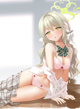 1girl arm_support bare_shoulders blue_archive blue_bow blue_bowtie blush bow bowtie bra braid breasts c.u.wa cleavage commentary_request cowboy_shot dress_shirt embarrassed green_halo green_jacket grey_hair grey_skirt hair_between_eyes hair_bow hair_intakes hair_ornament hair_ribbon halo highres jacket long_hair looking_at_viewer medium_breasts medium_skirt miniskirt miyo_(blue_archive) multicolored_hair navel nose_blush open_mouth panties partially_undressed pink_bra pink_panties pleated_skirt ribbon ribbon_braid school_uniform shirt skirt underwear very_long_hair wavy_hair white_bow white_hair white_ribbon white_shirt window yellow_eyes