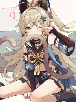 1girl ? aisu_(i_ce_pinon_pino) animal_ear_fluff animal_ears bare_shoulders biting_own_tail black_shirt black_skirt blush cat_ears cat_girl cat_tail closed_mouth commentary_request crop_top crossed_bangs dot_nose feet_out_of_frame genshin_impact green_eyes green_hair hand_up highres kirara_(genshin_impact) long_hair looking_at_viewer midriff navel one_eye_closed pleated_skirt shirt sitting skirt sleeveless sleeveless_shirt solo tail watermark