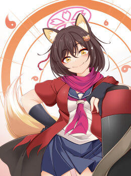 animal_ears black_gloves blue_archive blue_sailor_collar blue_skirt breasts brown_hair fox_ears fox_girl fox_tail frog_hair_ornament gloves hair_ornament halo highres horizontal_pupils izuna_(blue_archive) kagayai_akira looking_at_viewer medium_breasts medium_hair necktie open_clothes pink_halo pink_necktie pink_scarf sailor_collar scarf school_uniform skirt smile tail yellow_eyes