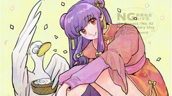 Rule 34 | 1girl, bell, bird, chinese clothes, coke-bottle glasses, commentary request, con sonne, double bun, dress, duck, glasses, hair bell, hair bun, hair ornament, looking at viewer, mousse (duck) (ranma 1/2), ranma 1/2, red dress, red eyes, shampoo (ranma 1/2), sidelocks, simple background, smile, watermark, yellow background