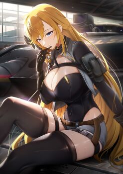 Rule 34 | 1girl, absurdres, blonde hair, breasts, cleavage, commentary, elsa (senrai maidens), english commentary, headphones, highres, lapokato, large breasts, leopard 2, long hair, military vehicle, motor vehicle, short shorts, shorts, smile, tank, thigh strap, thighhighs, war thunder