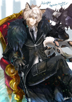 1boy animal_ear_fluff animal_ears arknights bird black_coat black_gloves black_jacket black_necktie black_pants cane chair coat collared_shirt crossed_legs dated feet_out_of_frame fur_trim gloves hair_between_eyes hand_up highres holding holding_cane jacket long_sleeves looking_at_viewer male_focus necktie nkyoku pants shirt signature silverash_(arknights) sitting snow_leopard_boy snow_leopard_ears snow_leopard_tail solo tail tenzin_(arknights) throne white_hair white_shirt yellow_eyes