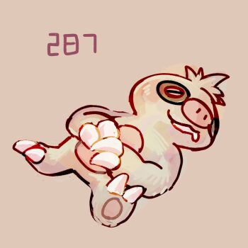 brown_background full_body gen_3_pokemon highres kurapixel lying nintendo no_humans on_back own_hands_together pokedex_number pokemon pokemon_(creature) saliva simple_background slakoth sleeping solo