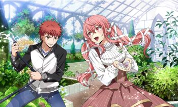 Rule 34 | 1girl, black jacket, blush, bow, breasts, brown vest, commissioner insert, couple, cross, cross print, emiya shirou, fate/stay night, fate (series), flower swing, gaoyue jixiang, garden, gardening, grass, hair ornament, halo, highres, holding, holding watering can, jacket, long hair, long sleeves, momomiya shizuku (gaoyue jixiang), oc x canon, open clothes, open jacket, orange hair, original, pastels, pink eyes, pink hair, pink halo, plant, print ribbon, raglan sleeves, red hair, ribbon, skirt, smile, tree, twintails, vest, water, watering can, wet, wet clothes