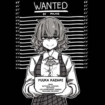 1girl absurdres ascot character_name english_text greyscale hayoibu height_chart height_mark highres holding holding_sign kazami_yuuka long_sleeves looking_at_viewer medium_hair monochrome mugshot plaid_clothes plaid_vest shirt sign skirt smile solo sweatdrop touhou upper_body vest