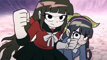 2girls black_hair black_skirt blue_shirt brown_hair bryan_lee_o&#039;malley_(style) chabashira_tenko clenched_hands closed_mouth collared_shirt commentary danganronpa_(series) danganronpa_v3:_killing_harmony english_commentary eyelashes fighting_stance green_ribbon hair_ornament hair_ribbon hairband harukawa_maki highres long_hair mole mole_under_mouth multiple_girls neck_ribbon open_mouth parody print_ribbon purple_hairband ramona_flowers red_shirt ribbon scene_reference scott_pilgrim scott_pilgrim_(series) scott_pilgrim_takes_off shirt signature skirt spittyfishy style_parody v-shaped_eyebrows white_ribbon
