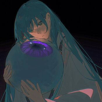 Rule 34 | 1other, androgynous, black background, blue hair, enkidu (fate), eyeball, fate/grand order, fate (series), green eyes, green pupils, hair between eyes, hands up, hashtag-only commentary, highres, holding, long hair, long sleeves, looking at object, looking down, other focus, purple eyes, robe, sidelocks, simple background, solo, upper body, very long hair, vinta sy, white robe, wide sleeves