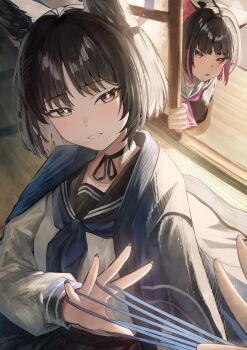 2girls absurdres animal_ear_fluff animal_ears black_eyes black_hair black_hoodie black_sailor_collar blue_archive blue_haori blue_ribbon blush breasts cat_ears cat_girl colored_inner_animal_ears colored_inner_hair commentary_request green_sailor_collar hair_between_eyes haori highres holding holding_string hood hoodie japanese_clothes kazusa_(blue_archive) kikyou_(blue_archive) looking_at_another looking_at_viewer medium_hair multicolored_hair multiple_girls oiru_(613) open_mouth pink_eyes pink_ribbon ribbon sailor_collar shirt sidelocks small_breasts string two-tone_hair white_shirt