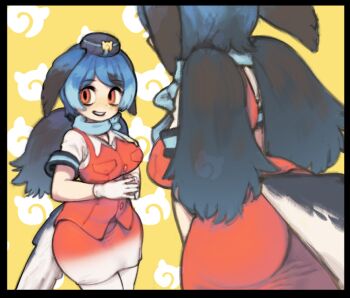 1girl ass bird_girl bird_tail bird_wings black_border black_hair blue_hair blue_scarf border breasts commentary english_commentary flight_attendant flight_attendant_hat gloves gradient_clothes gradient_skirt hat head_wings japari_symbol kemono_friends large_breasts light_blush long_hair looking_at_viewer multicolored_hair multiple_views open_mouth own_hands_together pantyhose passenger_pigeon_(kemono_friends) red_eyes red_skirt red_vest scarf shirt short_sleeves skirt smile spotted_hair tail teeth travel_attendant tyoink upper_teeth_only vest white_pantyhose white_shirt white_skirt wings yellow_background