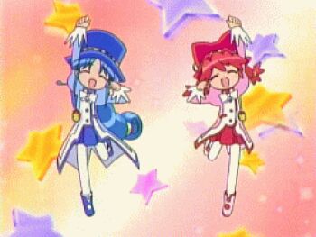 00s 2girls =_= animated animated_gif anime_screenshot arms_up blush boots closed_eyes dancing fine_(futagohime) fushigiboshi_no_futago_hime happy hat leg_lift long_hair lowres multiple_girls pantyhose ponytail red_skirt rein_(futagohime) short_hair skirt star_(symbol) star_symbol_background top_hat twintails very_long_hair white_pantyhose