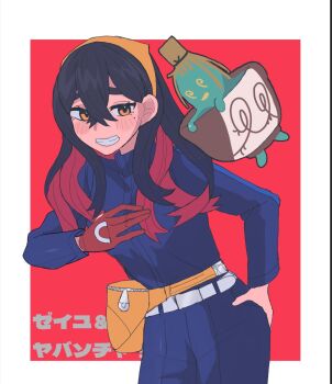 1girl black_hair blue_jacket blue_pants blueberry_academy_school_uniform blush border carmine_(pokemon) colored_inner_hair crossed_bangs fanny_pack gloves hair_between_eyes hairband hand_on_own_hip jacket long_hair long_sleeves looking_at_viewer mole mole_under_eye multicolored_hair nanase_(trfok1) nintendo outside_border pants pokemon pokemon_(creature) pokemon_sv red_background red_gloves red_hair school_uniform single_glove sinistcha smile teeth two-tone_hair white_border yellow_eyes yellow_hairband