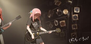 2girls absurdres black_shirt black_skirt bocchi_the_rock! choppy_bangs closed_mouth commentary cowboy_shot cube_hair_ornament electric_guitar english_commentary film_grain gibson_les_paul gotoh_hitori guitar hair_ornament highres indoors instrument kessoku_band_logo kessoku_band_t-shirt kita_ikuyo long_hair looking_down multiple_girls music out_of_frame pink_hair playing_guitar playing_instrument pleated_skirt shirt short_sleeves skirt solo_focus stage_lights standing straight_hair t-shirt yioukei