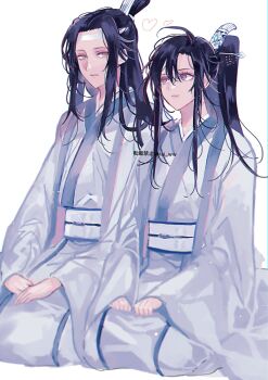 Rule 34 | 2boys, ahoge, alternate costume, amana raika, bishounen, black hair, borrowed clothes, chinese clothes, closed mouth, coat, commentary request, couple, eyelashes, hair between eyes, hair ornament, hair stick, hands on lap, hanfu, heart, high ponytail, highres, lan wangji, light particles, light smile, long hair, long sleeves, looking at another, male focus, modao zushi, multiple boys, open clothes, open coat, ponytail, purple eyes, robe, sash, seiza, sidelocks, simple background, sitting, smile, topknot, twitter username, wei wuxian, white background, white coat, white hanfu, white sash, wide sleeves, xiao guan (headdress), yaoi, yellow eyes