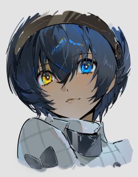 1boy absurdres black_hairband blue_eyes blue_hair closed_mouth dark-skinned_male dark_skin hair_between_eyes hairband heterochromia highres jacket male_focus metaphor:_refantazio protagonist_(metaphor:_refantazio) short_hair simple_background smile solo themoonrabbit white_background white_jacket yellow_eyes