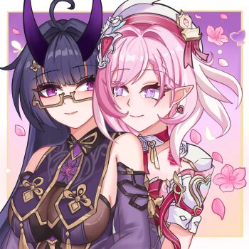 ahoge beret border breasts commentary commentary_request couple detached_sleeves diamond-shaped_pupils diamond_(shape) dress earrings elf elysia_(hi_love_elf)_(honkai_impact) elysia_(honkai_impact) english_commentary falling_petals glasses hat heart heart_earrings highres honkai_(series) honkai_impact_3rd horns hug hug_from_behind jewelry large_breasts lingtai64567 long_hair multicolored_hair official_alternate_costume petals pink_hair pointy_ears purple_background purple_dress purple_eyes purple_hair purple_horns raiden_mei raiden_mei_(herrscher_of_thunder) raiden_mei_(rainy_springtide) smile symbol-shaped_pupils two-tone_hair very_long_hair white_border white_hair yuri
