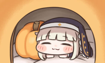 1girl :3 blush_stickers chibi closed_eyes commentary_request lying meme nipruku on_stomach pumpkin solo speaki_(trickcal) speakiposting_(meme) trickcal