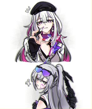 2girls ? ?? beret black_gloves black_hat breasts brown_cardigan cardigan choikfu cleavage colored_inner_hair commentary drawing_on_another's_face eyewear_on_head glasses gloves grey_eyes grey_hair hair_between_eyes hat heart highres holding holding_pen honkai:_star_rail honkai_(series) implied_yuri long_hair looking_at_viewer mechanical_tail multicolored_hair multiple_girls nib_pen_(object) nihilux_(honkai:_star_rail) official_alternate_costume partially_fingerless_gloves pen pink_hair purple-tinted_eyewear purple_eyes scarf shirt silver_wolf_(elation)_(honkai:_star_rail) silver_wolf_(honkai:_star_rail) streaked_hair symbol-only_commentary tail tinted_eyewear upper_body white_background white_hair white_shirt