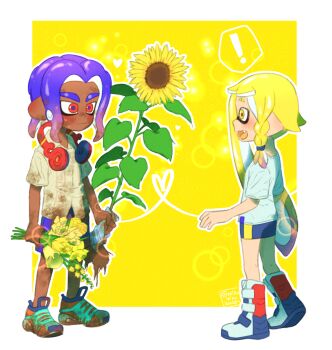 ! 1boy 1girl aqua_shoes ariamikukanzaki blonde_hair blue_hair boots braid commentary commentary_request dark-skinned_male dark_skin dirty dirty_clothes dirty_face english_commentary flower gradient_hair headphones headphones_around_neck heart heart_of_string highres hirooooo_(splatoon) holding holding_flower inkling mixed-language_commentary multicolored_hair nintendo octoling red_eyes red_hair shirt shoes short_shorts shorts side_braid spanish_commentary splatoon_(series) splatoon_3 sunflower t-shirt tentacle_hair veronika_(splatoon) very_dark_skin white_shirt yellow_eyes