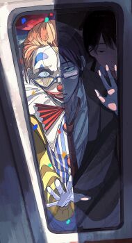 1boy absurdres amamoto_air business_suit clown clown_nose collared_shirt commentary formal_clothes glasses gloves highres necktie original red_necktie salaryman shirt short_hair suit train white_gloves