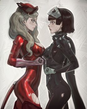 2girls akiman_pose annoyed ass biker_clothes black_scarf blonde_hair blue_bodysuit blue_eyes blunt_bangs bodysuit braid breast_on_breast breast_press breasts brown_hair capcom_vs._snk cat_mask catsuit chapinor crown_braid earrings from_side full-length_zipper gloves grey_mask highres jewelry latex latex_bodysuit long_hair long_scarf looking_at_another mask mask_on_head medium_breasts metal_mask multiple_girls niijima_makoto panther_(persona_5) persona persona_5 pink_gloves queen_(persona_5) red_bodysuit red_eyes red_mask revision scarf short_hair shoulder_spikes simple_background spiked_knuckles spikes symmetrical_docking tail takamaki_anne twintails white_gloves zipper