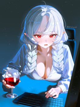 1girl alcohol blush braid breasts chair cleavage computer computer_keyboard cup emirisu fangs hair_over_shoulder highres holding holding_cup indie_virtual_youtuber large_breasts light_particles long_hair looking_at_screen monitor on_chair ophelia_valentine pointy_ears red_eyes red_wine shirt sitting solo twin_braids twitter_username vampire virtual_youtuber white_hair white_shirt wine