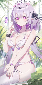 1girl absurdres bikini black_tiara blush bow breasts bug butterfly castorice_(honkai:_star_rail) cleavage closed_mouth commentary hair_bow halterneck hand_up highres honkai:_star_rail honkai_(series) indoors insect large_breasts long_hair looking_at_viewer pointy_ears purple_bow purple_butterfly purple_eyes purple_hair sidelocks sitting smile solo swimsuit thighhighs thighs tiara variant_set very_long_hair white_bikini white_thighhighs zixi
