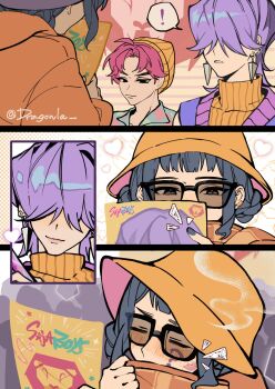 Rule 34 | !, 1girl, 2boys, abby (kpop demon hunters), beanie, black hair, blush, collared shirt, double bun, dragonla, earrings, furrowed brow, hair bun, hair over eyes, hat, hetero, highres, hood, hoodie, jewelry, kpop demon hunters, light smile, lipstick mark, multiple boys, mystery (kpop demon hunters), orange hat, orange hoodie, orange sweater, parted bangs, parted lips, pink hair, print shirt, purple hair, purple sweater vest, shirt, short bangs, short hair, sidelocks, sleeveless, sleeveless turtleneck, spoken exclamation mark, sunglasses, sweater, sweater vest, turtleneck, twintails, upper body, zoey (kpop demon hunters)