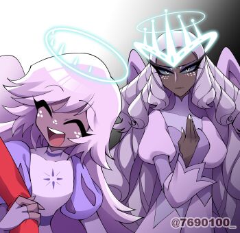 3girls :d ^_^ angel angel_wings arm_at_side black_background breasts charlie_morningstar closed_eyes closed_mouth colored_sclera commentary_request covered_collarbone dark-skinned_female dark_skin dress drill_hair elbow_gloves emily_(hazbin_hotel) eyeshadow fewer_digits fingerless_gloves freckles furrowed_brow gloves gradient_background grey_background grey_gloves grey_hair grey_sclera hair_between_eyes halo hand_on_own_chest hazbin_hotel hellaverse highres juliet_sleeves light_frown long_hair long_sleeves looking_at_viewer lower_eyelashes_only makeup menattou multiple_girls nail_polish open_mouth puff_and_slash_sleeves puffy_sleeves purple_dress purple_eyeshadow purple_hair purple_sleeves purple_wings raised_eyebrows round_teeth sera_(hazbin_hotel) simple_background small_breasts smile swept_bangs teeth tongue tsurime twitter_username upper_body upper_teeth_only very_dark_skin very_long_hair white_background white_dress white_eyes white_halo white_nails wings