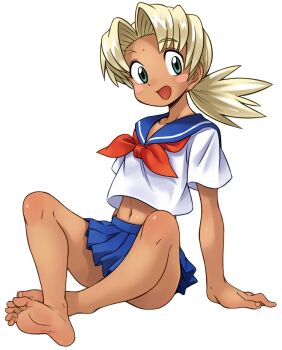 1girl arm_support barefoot bindi blonde_hair blush_stickers crossed_ankles dark-skinned_female dark_skin facial_mark feet female_focus flat_chest forehead_mark full_body green_eyes kaolla_su love_hina midriff navel open_mouth oyatsu_(mk2) ponytail school_uniform serafuku simple_background sitting smile soles solo toes white_background